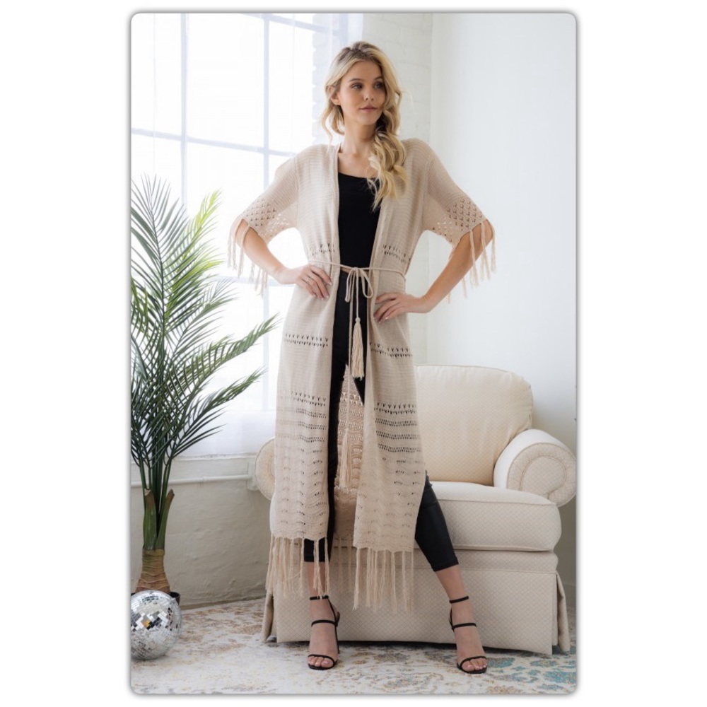 Long Fringe Duster Kimono in Natural